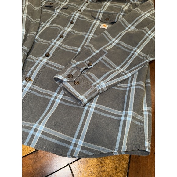 Vintage Carhartt Flannel Men's Large Gray Blue Loose Fit Cotton Plaid Work Shirt - Picture 3 of 8